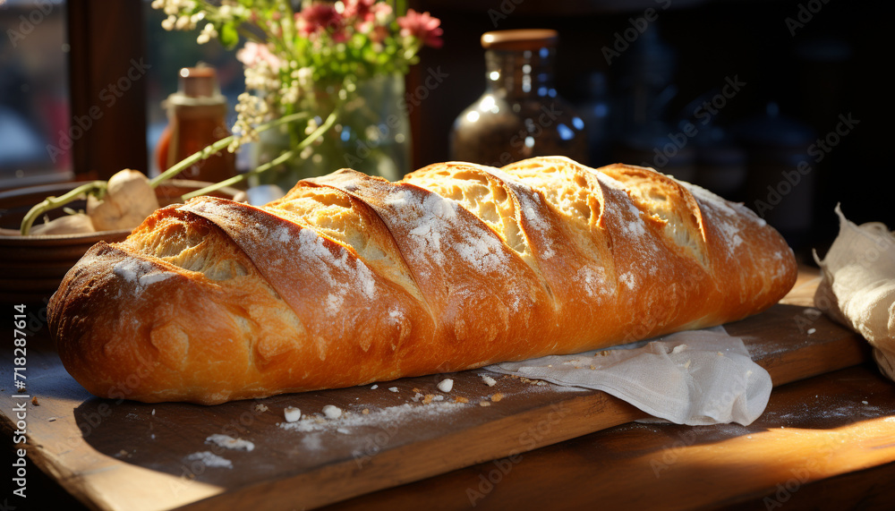 Freshly baked homemade bread on wooden table, a gourmet delight generated by AI