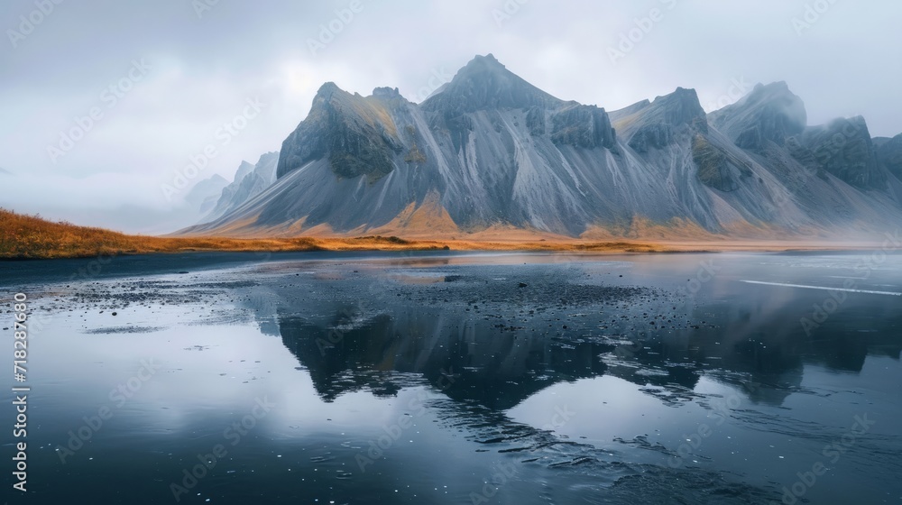 Majestic Mountains and Black Sand in Iceland Generative AI