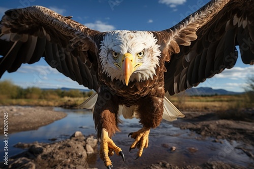 Wide angle shot of A magnificent bald eagle in lake Generative AI