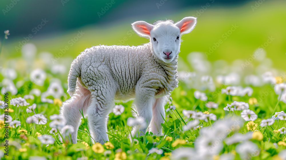 Obraz premium Easter Lamb Easter Bunny in a Nest on a Flowering Meadow Greeting Card Happy Easter Illustration Graphic Banner Wallpaper Background Brainstorming Family Digital Art Magazine Poster