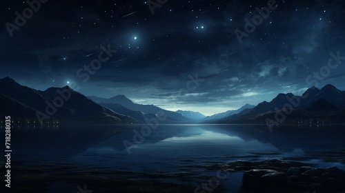 Night landscape with lake  mountains and starry sky with shooting stars. Concept of nature  tranquility  calmness  and astronomy.