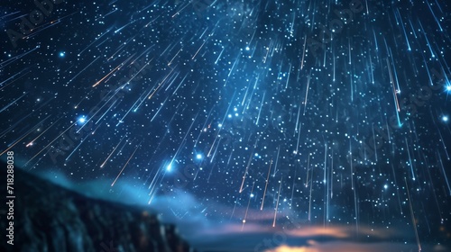 Meteor shower against the backdrop of a star-filled sky, capturing bright trails of shooting stars. Concept of astronomy, cosmos, space exploration, stargazing. photo