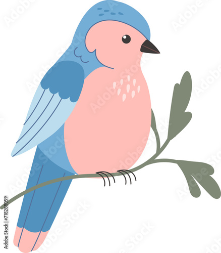 Cute bird sitting on the branch isolated on white background. Cute bullfinch cartoon vector illustration.