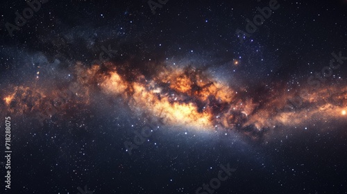 Milky Way galaxy as seen from Earth. Dense clusters of stars and celestial dust creating a glowing, intricate pattern against the dark sky. Concept of astronomy, space, galaxy, cosmos exploration.