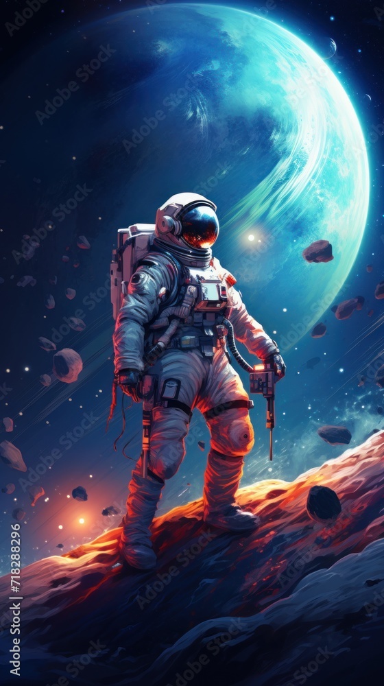 Astronaut in a white spacesuit in Space. Spaceman stands on rocky terrain with a large planet and stars in the background in cosmos. Fantasy concept Astronaut in a white spacesuit in Space. Spaceman stands on rocky terrain with a large planet and stars in the background in cosmos. Fantasy concept