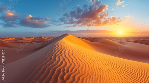 Endless Waves of Yellow Sand: A Panoramic View of the Sahara Desert at Sunset Generative AI