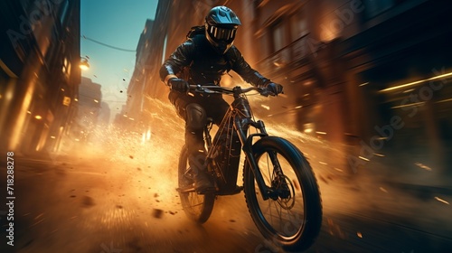Nighttime bike ride with fiery sparks, rider in dark attire. Concept of action, cycling, adventure, extreme sports. © Jafree