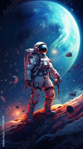 Astronaut in a white spacesuit in Space. Spaceman stands on rocky terrain with a large planet and stars in the background in cosmos. Fantasy concept