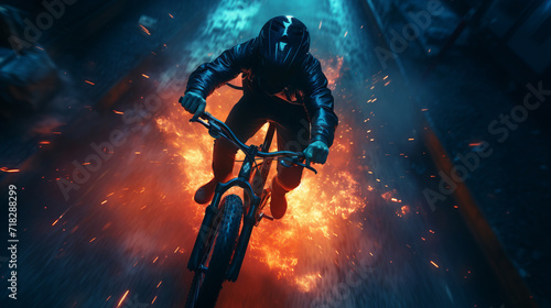 Nighttime bike ride with fiery sparks, rider in dark attire. Concept of action, cycling, adventure, extreme sports.