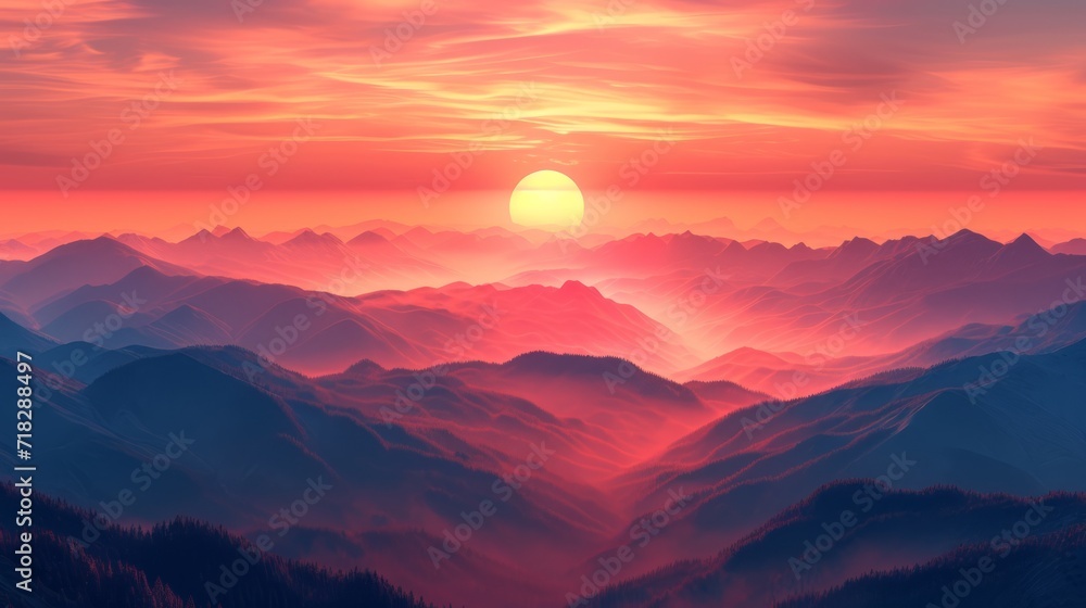 Panoramic Mountain Landscape at Orange Sunset Generative AI