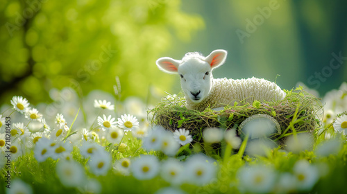 Easter Lamb Easter Bunny in a Nest on a Flowering Meadow Greeting Card Happy Easter Illustration Graphic Banner Wallpaper Background Brainstorming Family Digital Art Magazine Poster