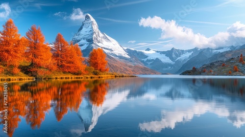 Impressive Autumn Scene of Stellisee Lake with Matterhorn Peak Generative AI