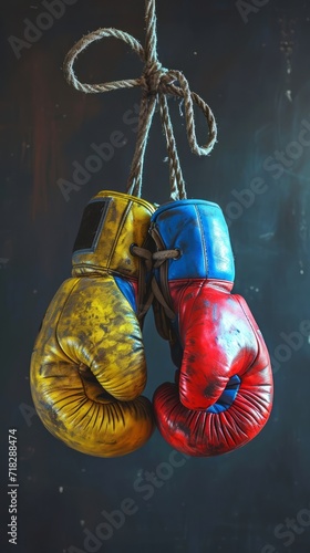 Pair of old colorful boxing gloves hang side by side against a dark background. Concept of Sports  Competition  Endurance  Passage of Time.