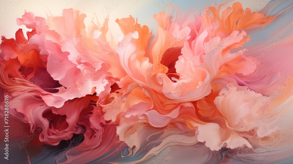 Strokes of oil paint. Wavy patterns of pink, peach and white resembling floral abstract art. Concept of fluid art, pastel backdrop, artistic swirls. Strokes of oil paint. Wavy patterns of pink, peach and white resembling floral abstract art. Concept of fluid art, pastel backdrop, artistic swirls.