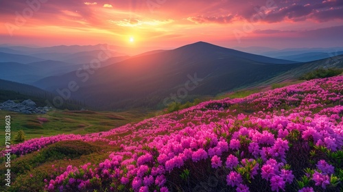 Panoramic View of Pink Rhododendron Flowers and Beautiful Sunset over the Mountains Generative AI Generative AI