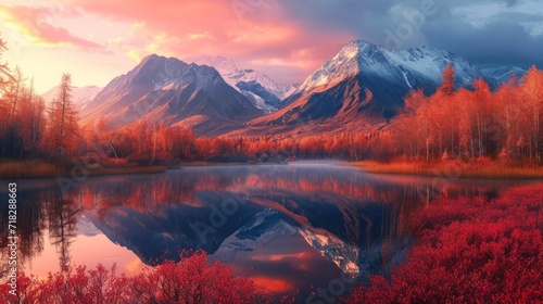 Vibrant Sunset Reflection on Mirror-Like Lake in Altai Mountains Generative AI