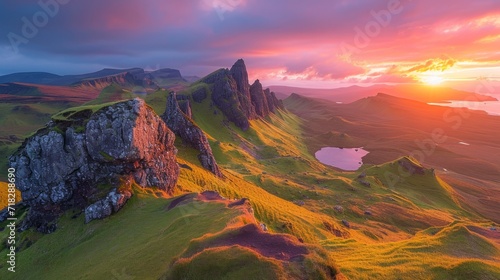 Sunset over Quiraing Mountains in Isle of Skye, Scotland Generative AI