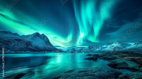 Aurora Over Rocky Seashore in Norway Generative AI © AlexandraRooss