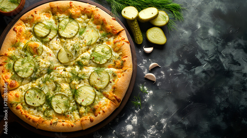 Pickle Pizza with garlic and dill sauce on dark background. Close-up, copy space