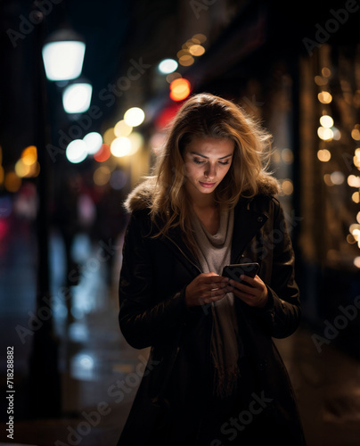 Young woman checking her phone walking down a city street at night