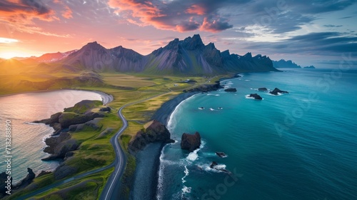 Scenic Road in Iceland: Beautiful Nature Landscape Aerial Panorama of Mountains and Coast at Sunset Generative AI