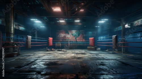 Boxing ring illuminated by blue lights with a hazy atmosphere. Concept of boxing, sports ring, sports events, competition, combat sports