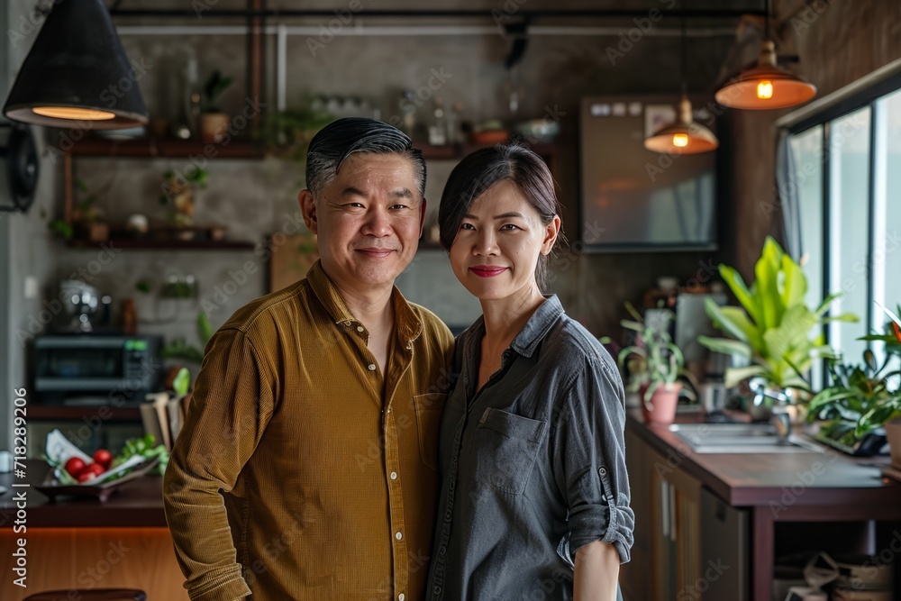 Asian couple's dynamic lifestyle blends heritage with modern innovation, crafting a captivating family narrative generative ai