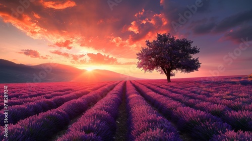 Vibrant Lavender Field Landscape at Summer Sunset with Solitary Tree Generative AI