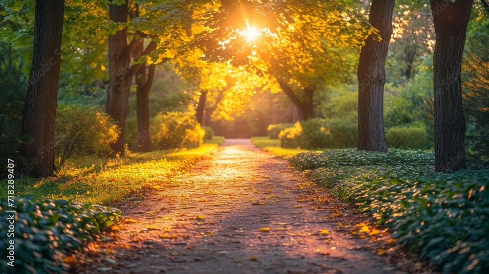 Sunlit Path in a Park Before Sunset Generative AI