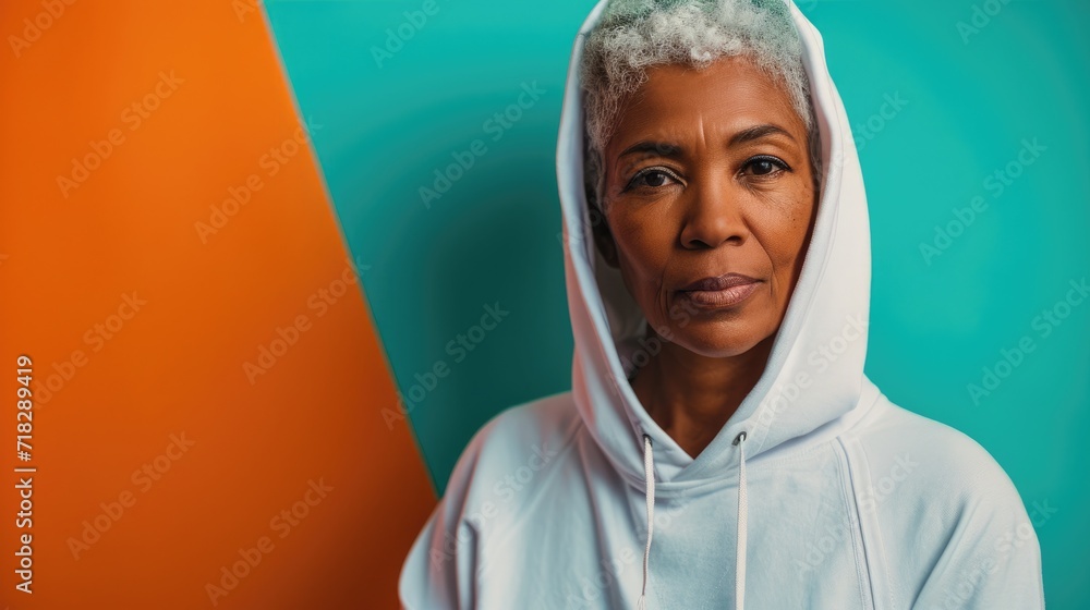 senior stylish African American woman wear white hoodie