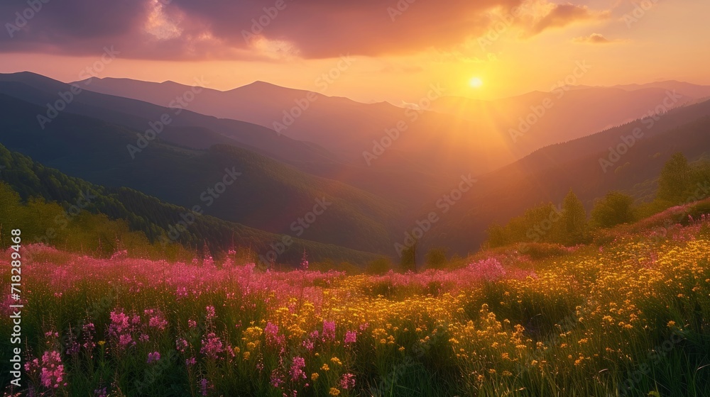 Beautiful Sunset in Mountain Valley Generative AI