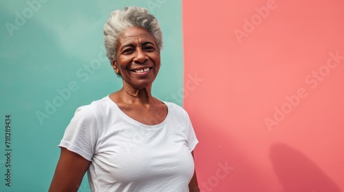 senior stylish African American woman wear white t shirt
