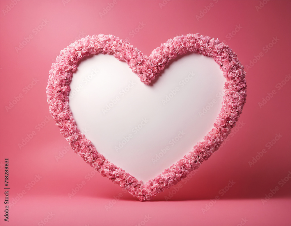 Pink frame with a floral ornament in the shape of a heart. Background.