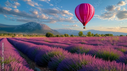 Dreamy Landscape with Hot Air Balloon Flying Above Lavender Fields Generative AI
