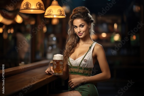 young and sexy woman sitting at the bar of a pub on St. Patrick's day