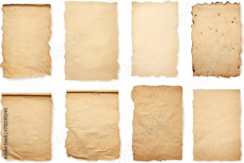 Set of old parchment antique paper sheet or vintage aged grunge stain texture isolated background photo