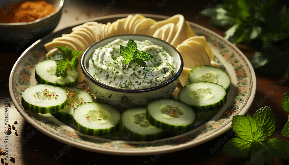 Fresh vegetarian salad with cucumber, tomato, and mint leaf garnish generated by AI Fresh vegetarian salad with cucumber, tomato, and mint leaf garnish generated by AI