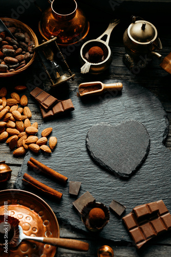 Blackstone stand in heart shape between candies, truffles, cocoa powder, chocolate and other. Sweet delicious things on old wood background