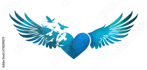 blue Heart and birds logo. hand drawing. Heart with wings. Not AI. Happy Valentine's Day. Vector illustration