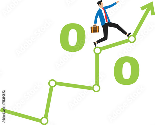Success in investment in interest rate rise or inflation increase, survive and growth in economic situation, sales or stock market and investing concept, businessman running up on percentage graph.
