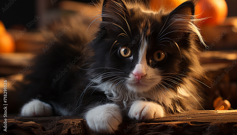 Cute kitten sitting, looking at camera, playful with fluffy fur generated by AI