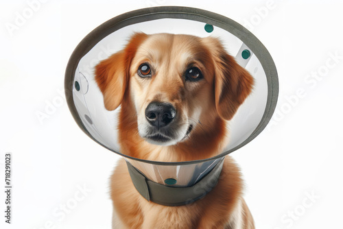 a dog in a veterinary protective collar isolated on white background. ai generative © Igor