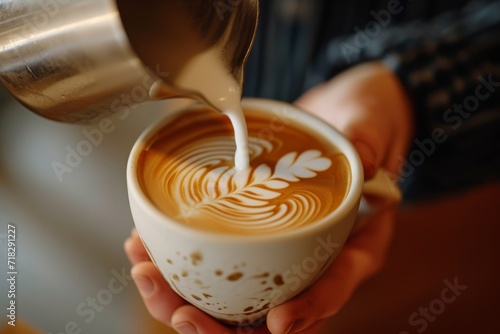 Close-up of a skilled barista pouring steamed milk into a cup of espresso, creating a beautiful latte art pattern 