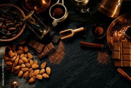 Almond, chocolate, candies, truffles, cocoa powder, and other on blackstone stand. Sweet delicious with vinatge brass things