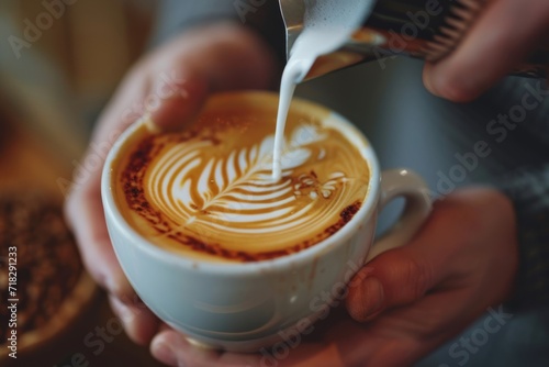 Close-up of a skilled barista pouring steamed milk into a cup of espresso, creating a beautiful latte art pattern 