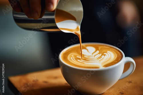 Close-up of a skilled barista pouring steamed milk into a cup of espresso, creating a beautiful latte art pattern
 photo