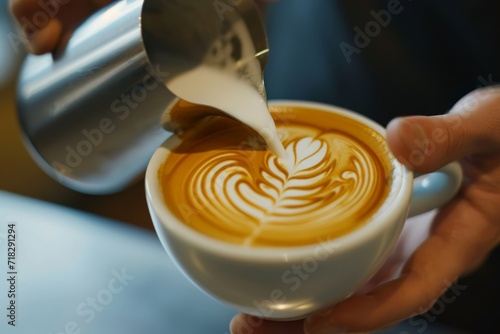 Close-up of a skilled barista pouring steamed milk into a cup of espresso, creating a beautiful latte art pattern
