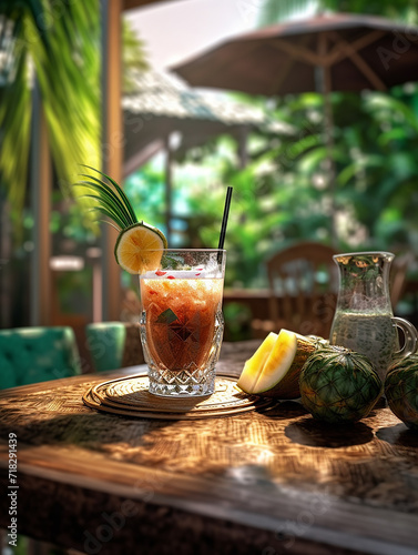 A refreshing cocktail on a table with tropical backdrop.