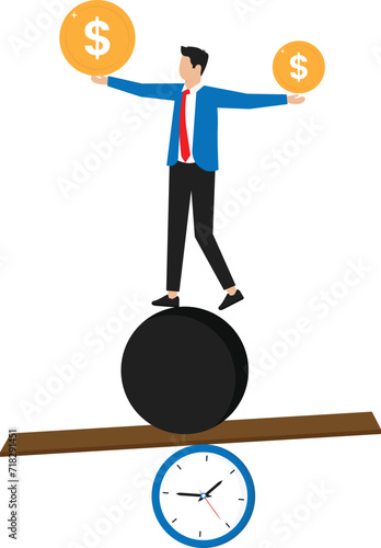 Time value of money and sum of money worth more now at present time than future, inflation or earning cost value depend on time, businessman holding money big and small coin on clock seesaw.
