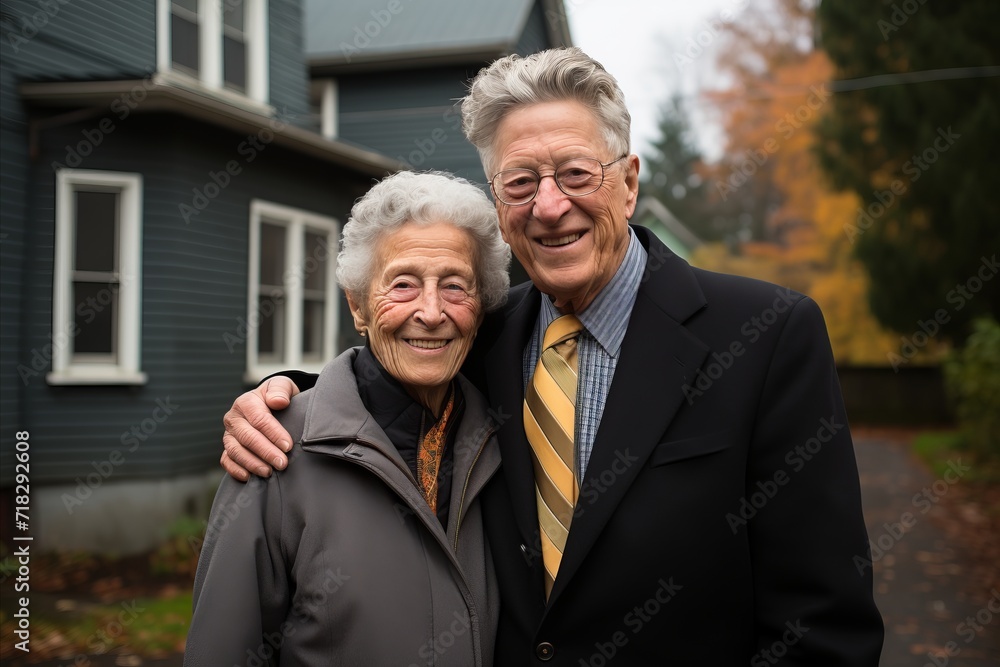 Happy elderly married couple celebrating their new home and proudly displaying the keys Happy elderly married couple celebrating their new home and proudly displaying the keys